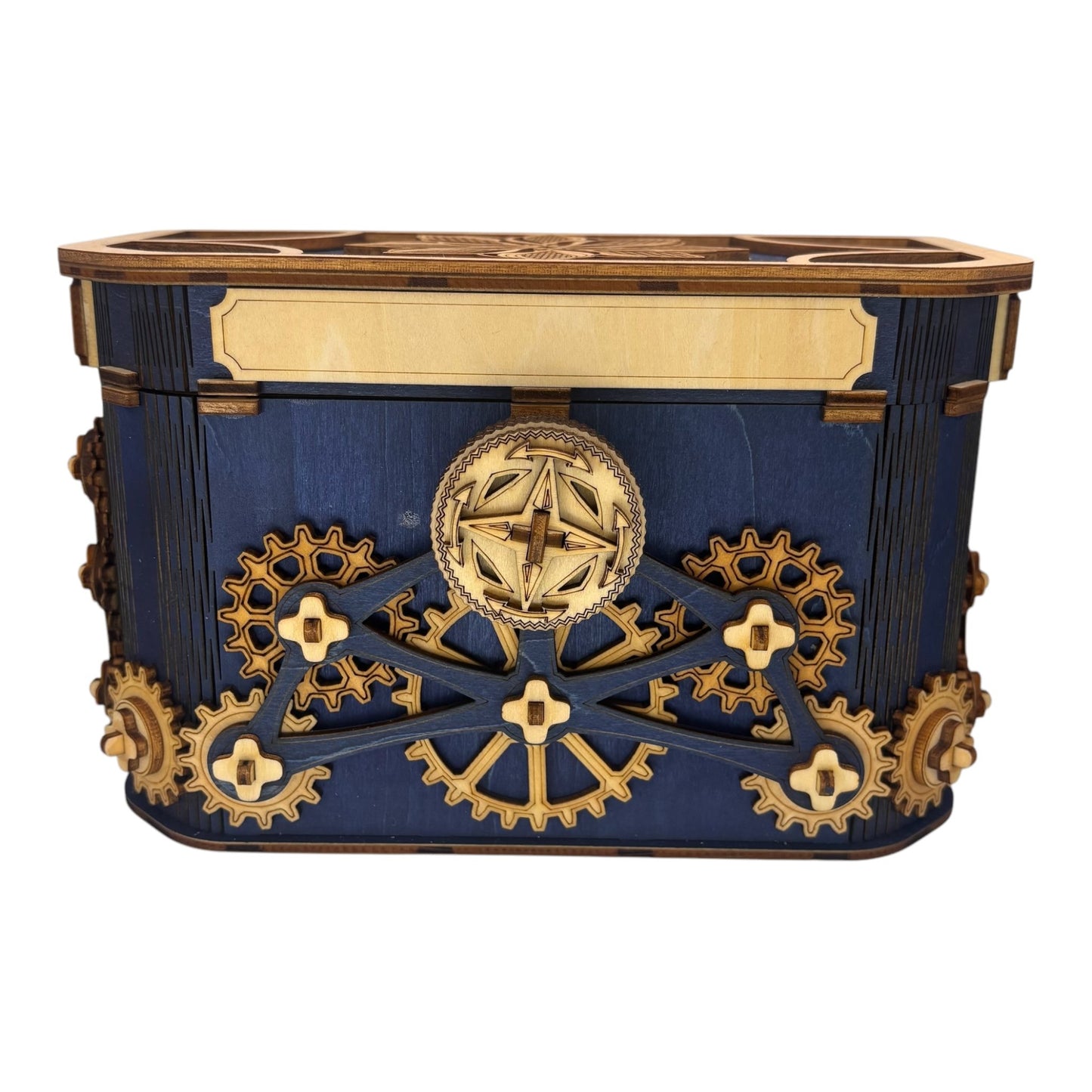 coffre à trésor avec mécanisme à engrenages sans casse tête décoration intérieur en découpe et gravure laser fabrication artisanale et francaise boite en bois pour bijoux secrets