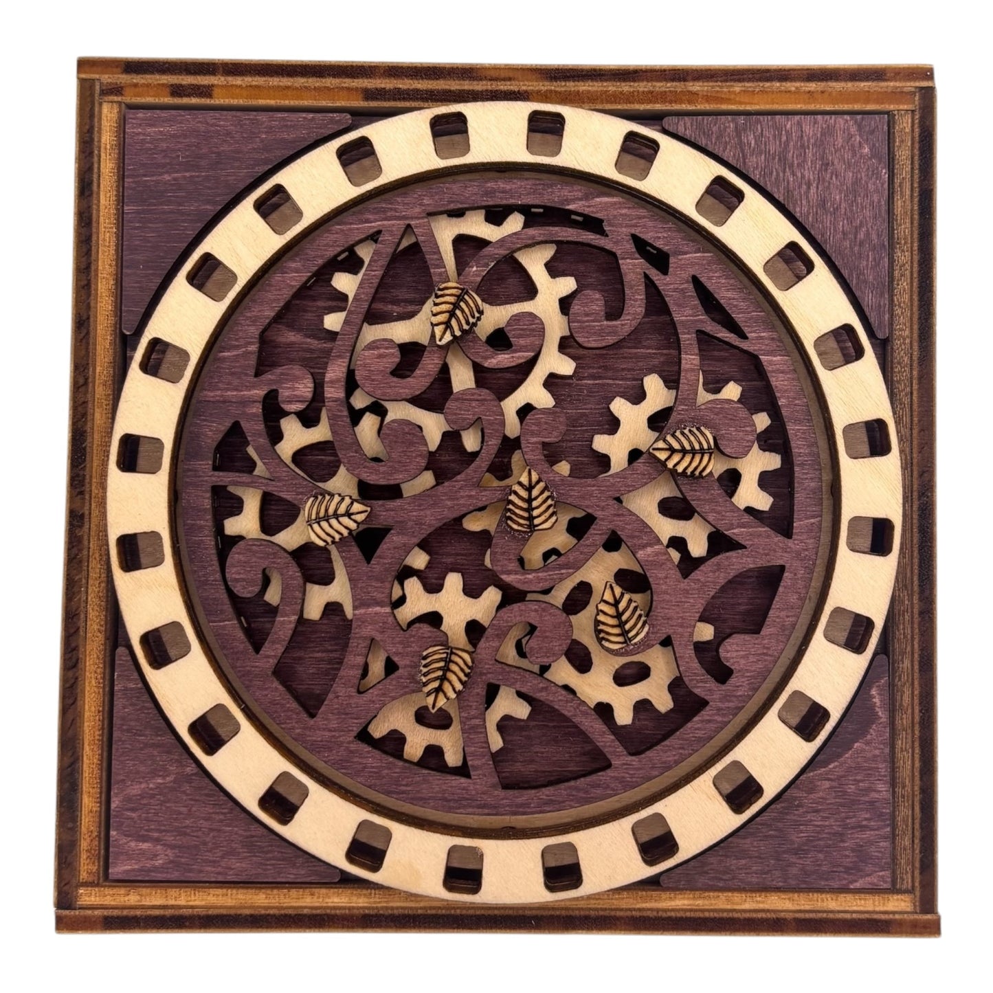 Boite en bois Cube engrenages mécanisme par rotation pour secrets trésors bijoux, décoration intérieur sans casse tête en gravure et découpe laser fabrication francaise et artisanale