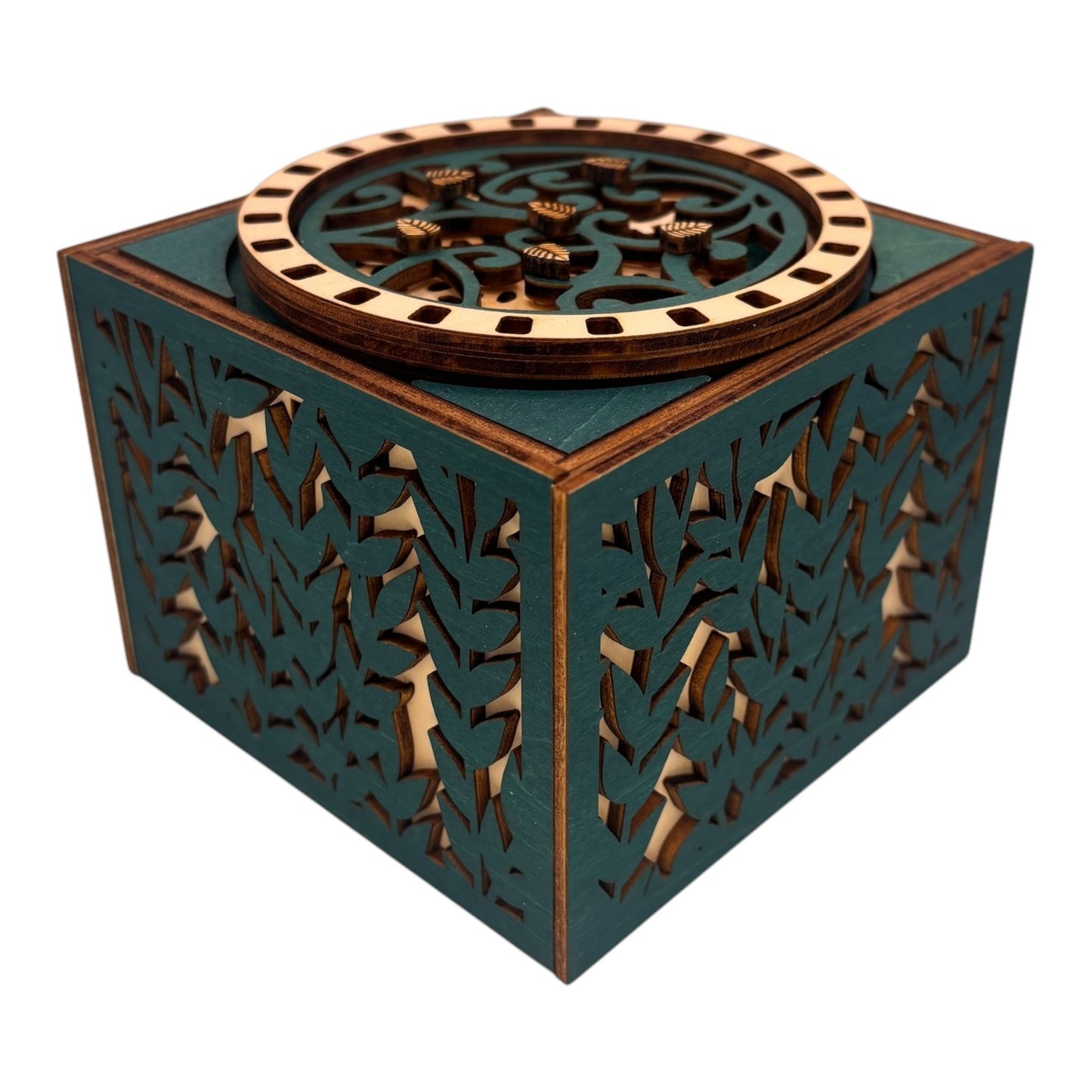 Boite en bois avec mécanisme par engrenage sans casse tête pour bijoux secrets trésors décoration intérieur en gravure et découpe laser fabrication française et artisanale