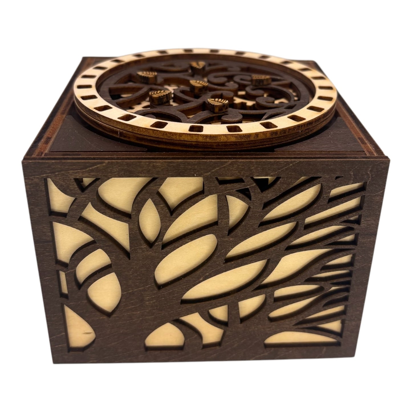Boite en bois sans casse tete avec mécanisme d'engrenage , pour bijoux, trésors secrets fabrication francaise et artisanale décoration intérieur en decoupe et gravure laser