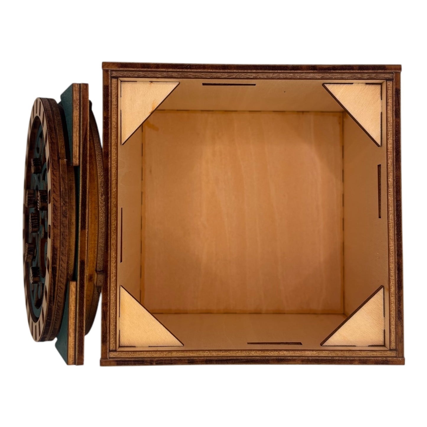 Boite en bois ave cmécanisme engrenage sans casse tête décoration intérieur pour ranger bijoux, secrets trésors fabrication francaise et artisanale en découpe et gravure laser