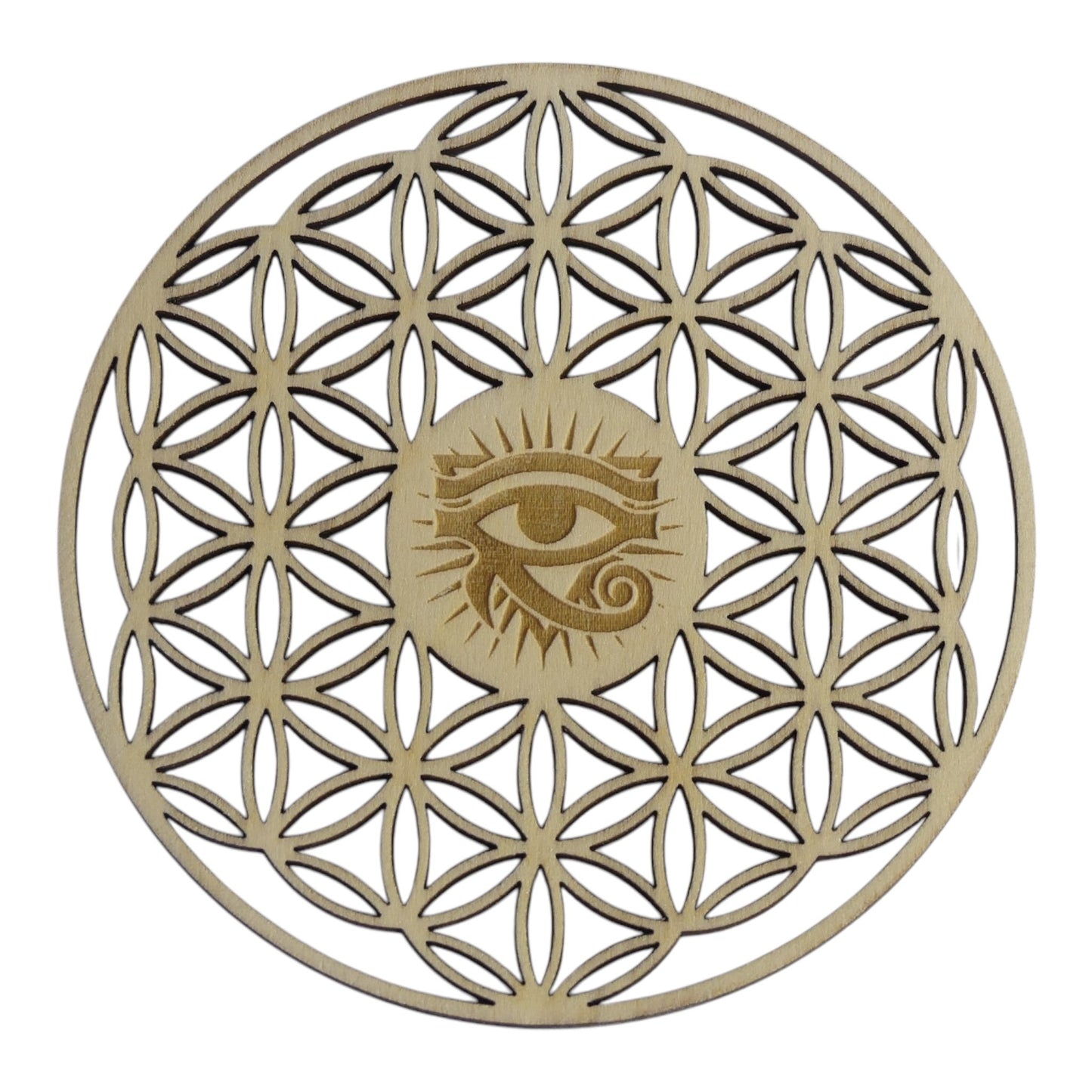 Fleur de vie Creuse oeil d'Horus plaque de rechargement fleur de vie , ésotérisme , symbole sacrés, bien être lithothérapie fabrication francaise et artisanale en gravure et découpe laser