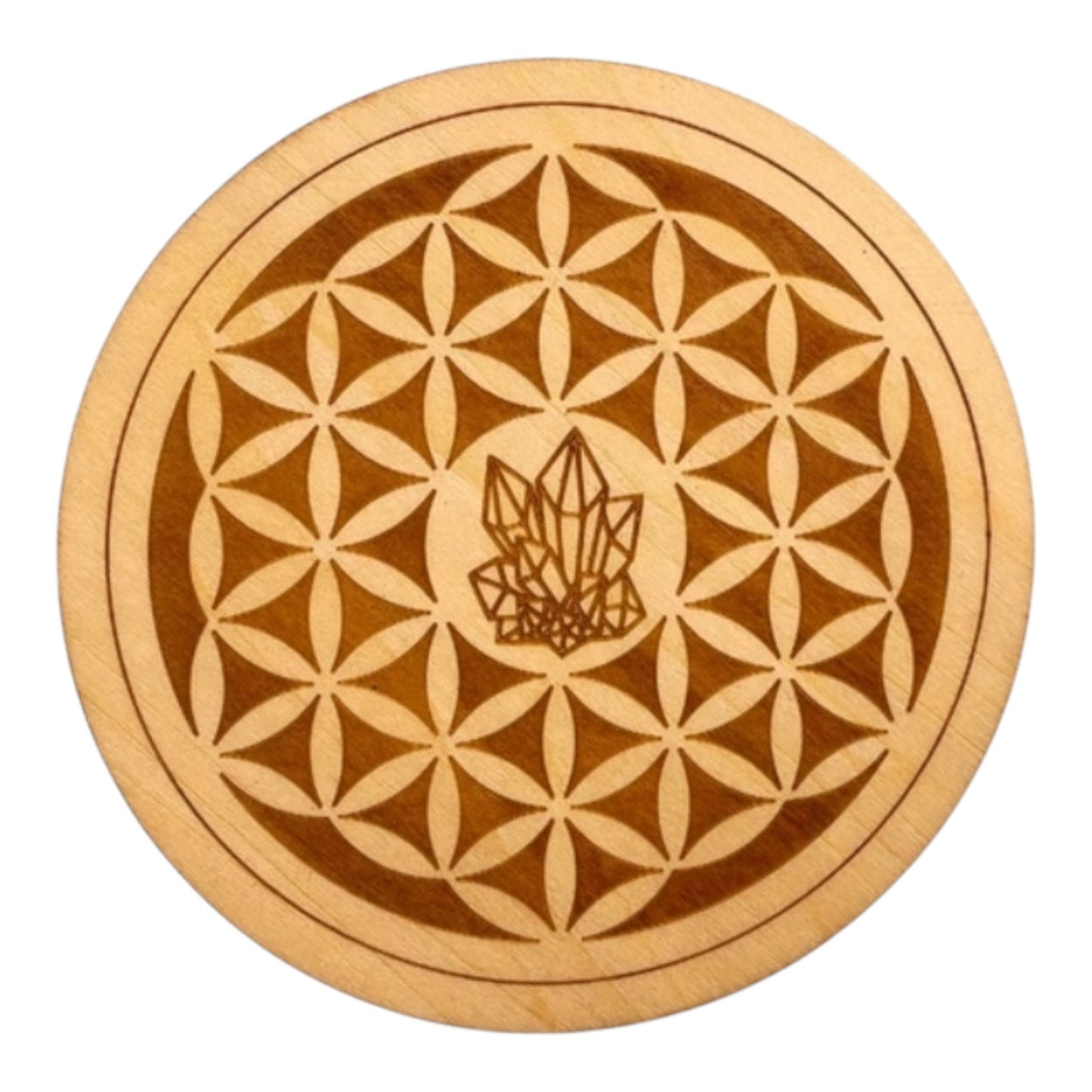 Fleur de vie avec cristaux plaque de rechargement fleur de vie , ésotérisme , symbole sacrés, bien être lithothérapie fabrication francaise et artisanale en gravure et découpe laser