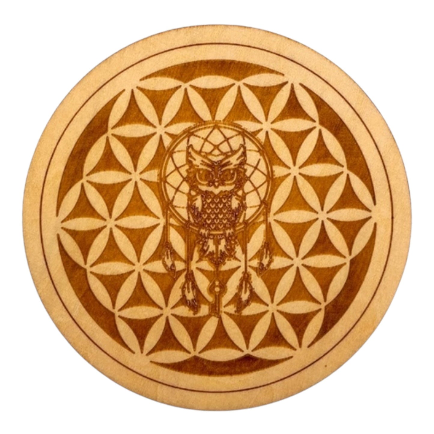 Fleur de vie gravé avec chouette plaque de rechargement fleur de vie , ésotérisme , symbole sacrés, bien être lithothérapie fabrication francaise et artisanale en gravure et découpe laser
