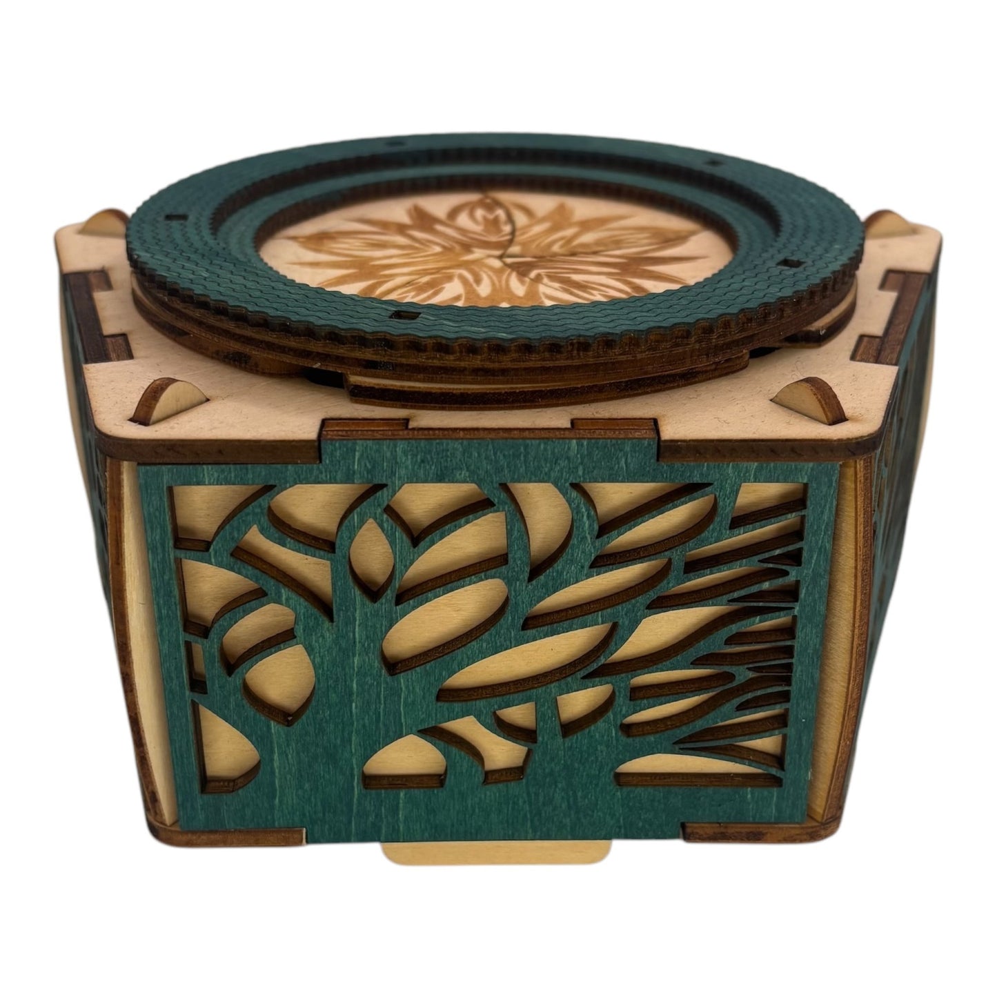Boite en bois avec mécanisme et engrenage sans casse tete decoration interieur pour secret , trésors bijoux en gravure et decoupe laser fabrication francaise et artisanale