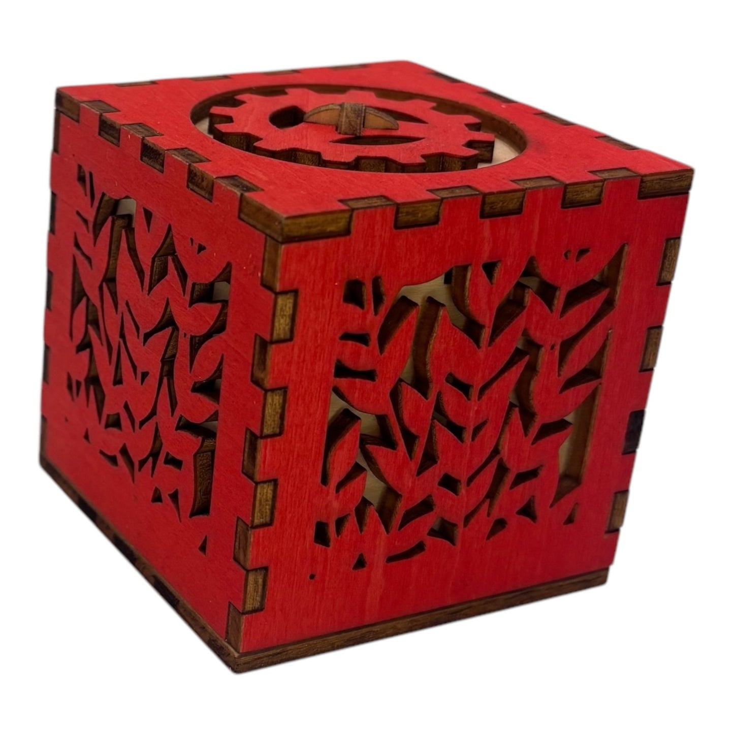 ecrin en bois en decoupe laser avec engrenage , mécanisme caché , pas de casse tête, boite à bijoux ou à trésors fabrication francaise et artisanale