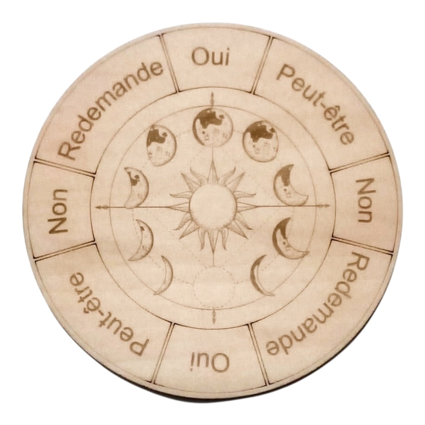 Planche à pendule phase de la lune rechargement fleur de vie , ésotérisme , symbole sacrés, bien être lithothérapie fabrication francaise et artisanale en gravure et découpe laser