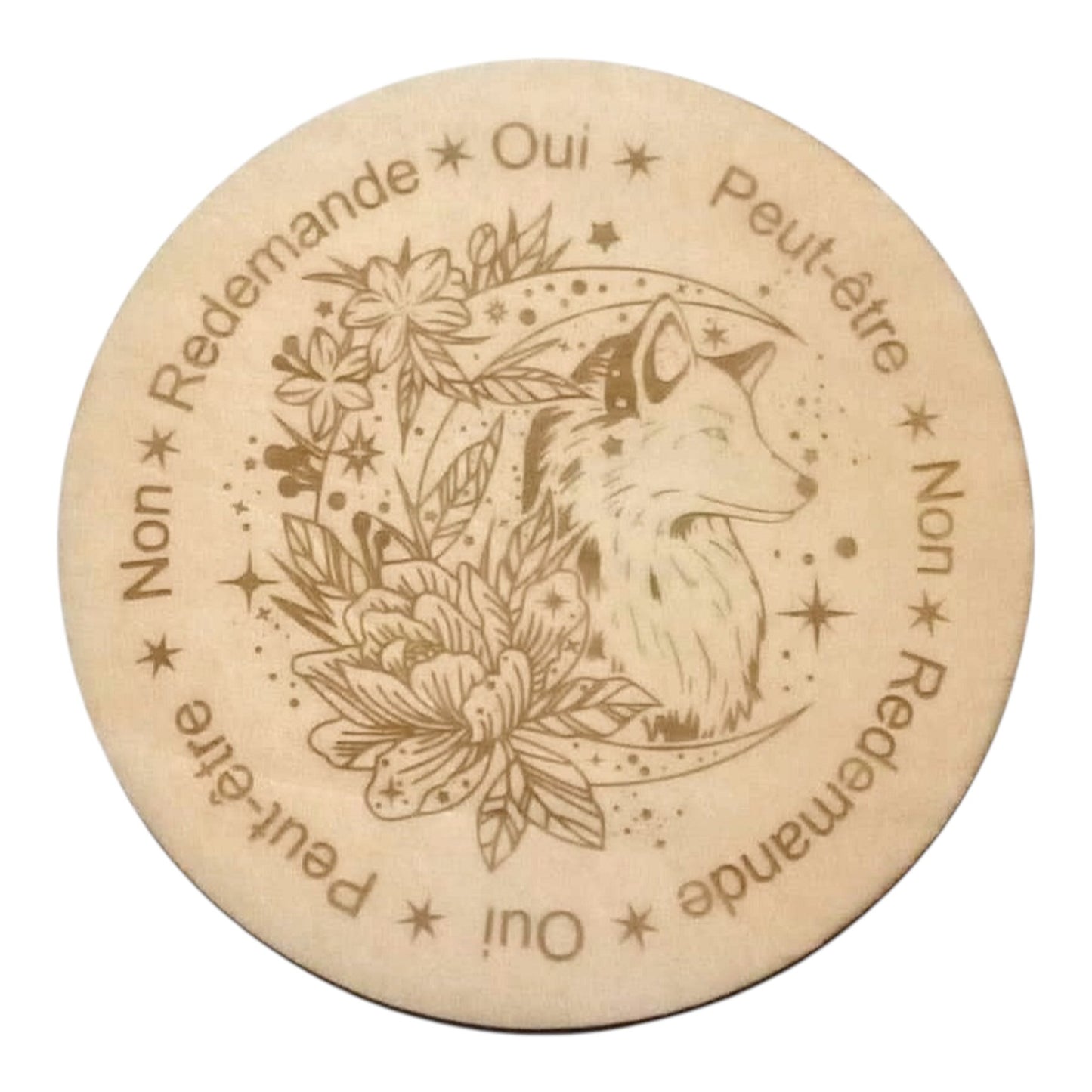 planche à pendule loup rechargement fleur de vie , ésotérisme , symbole sacrés, bien être lithothérapie fabrication francaise et artisanale en gravure et découpe laser