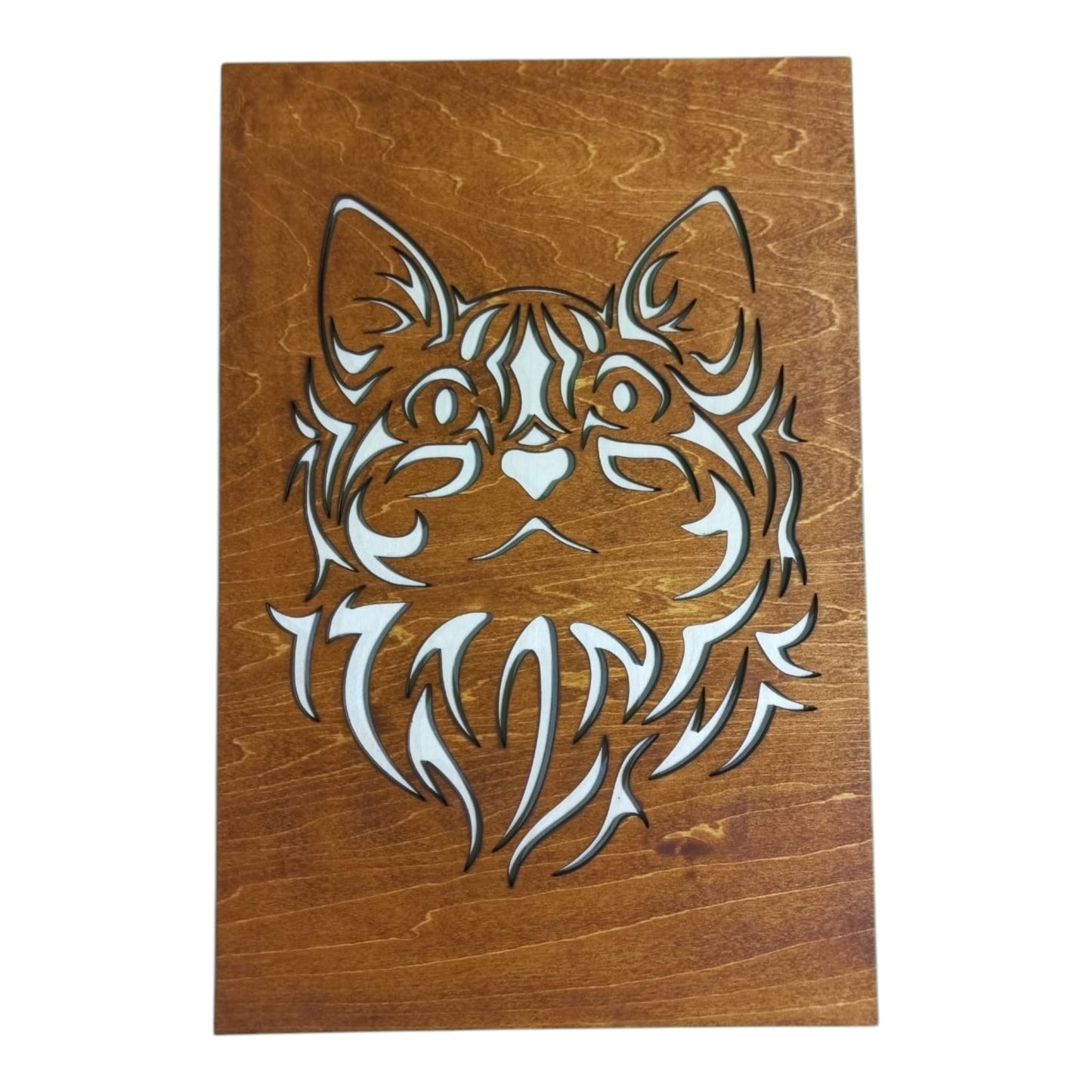 Tableau Chat en bois, décoration d'intérieur naturelle en découpe laser. Décoration murale en reliefs. Art du bois de fabrication francaise et artisanale