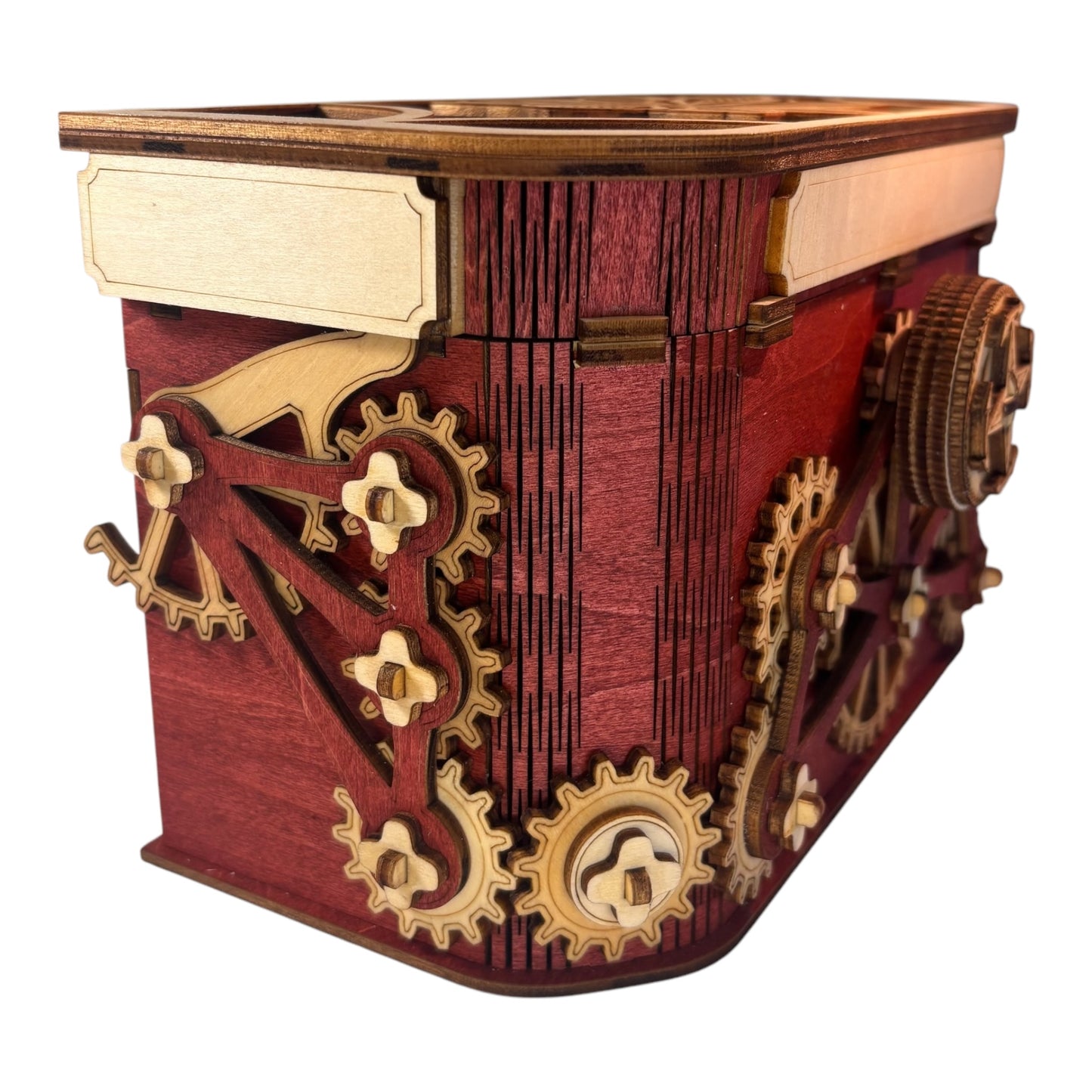 Coffre a trésor à mécanisme d'engrenage belle décoration intérieur boite en bois à bijoux, secrets de fabrication francaise et artisanale en decoupe et gravure laser