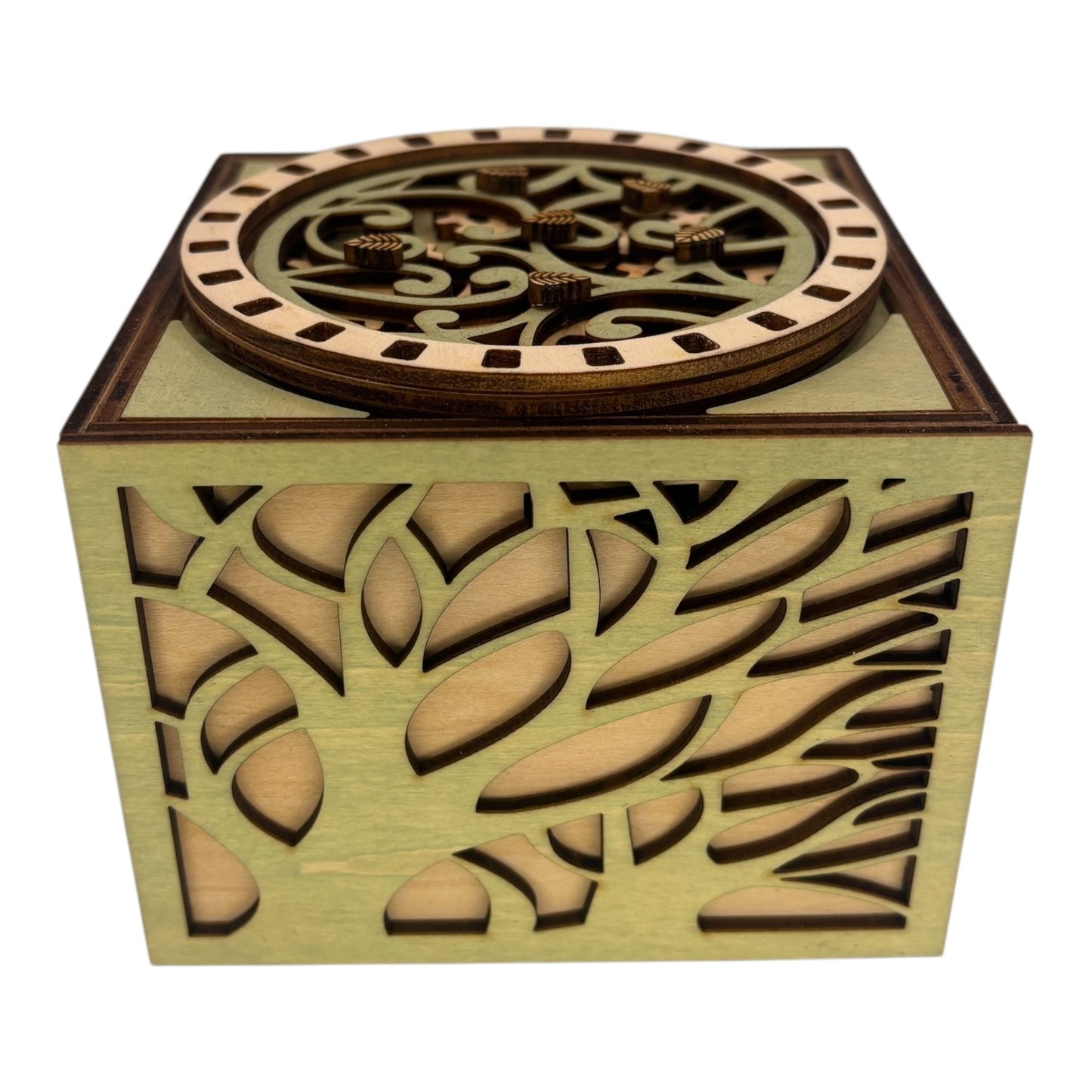 Boite en bois sans casse tete avec mécanisme par engrenage pour bijoux, secrets ou trésors décoration intérieur en découpe laser fabrication francaise et artisanale