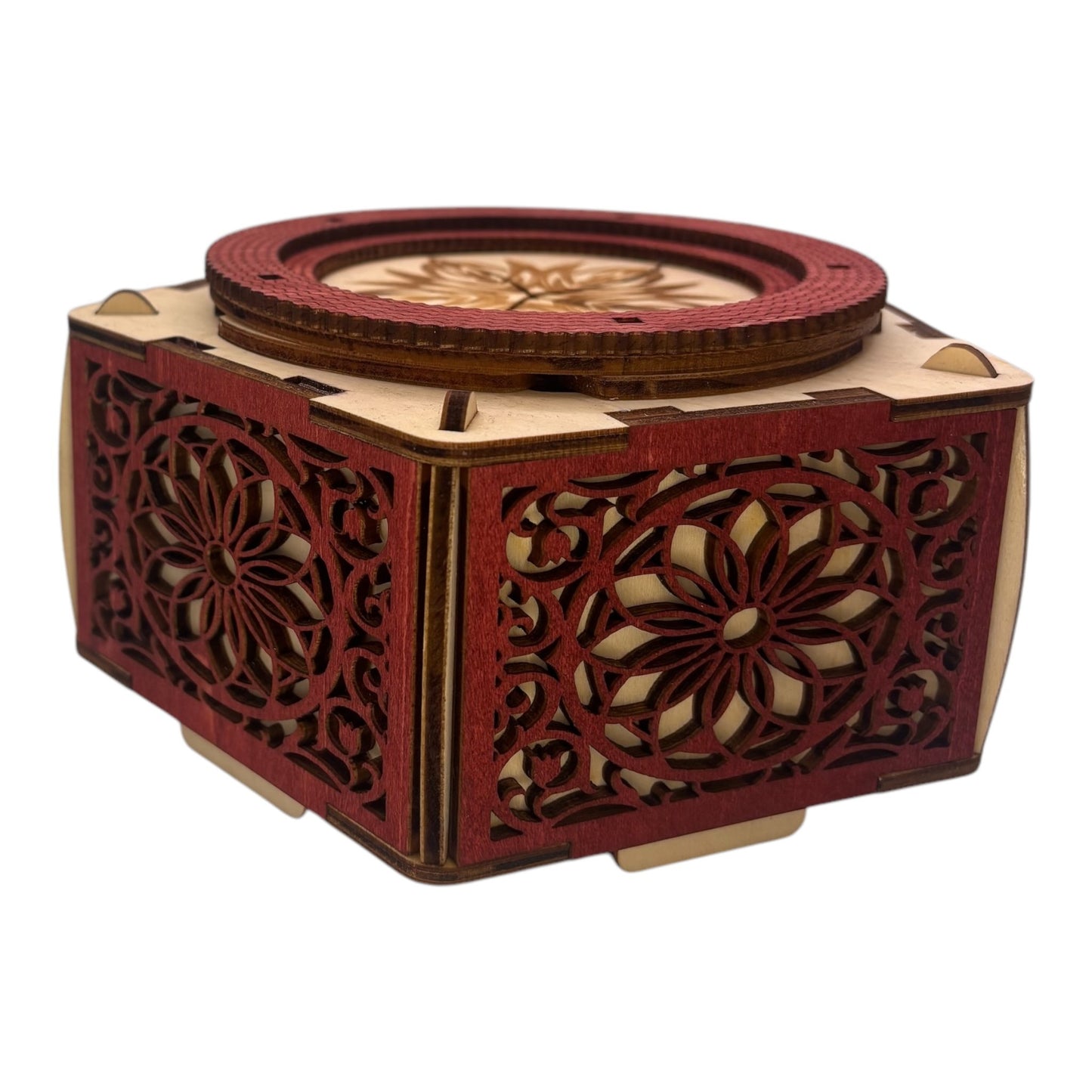 Boite en bois mécanisme avec engrenage par rotation sans casse tete décoration intérieur pour bijoux secrets trésor fabrication artisanale et francaise en decoupe et gravure laser