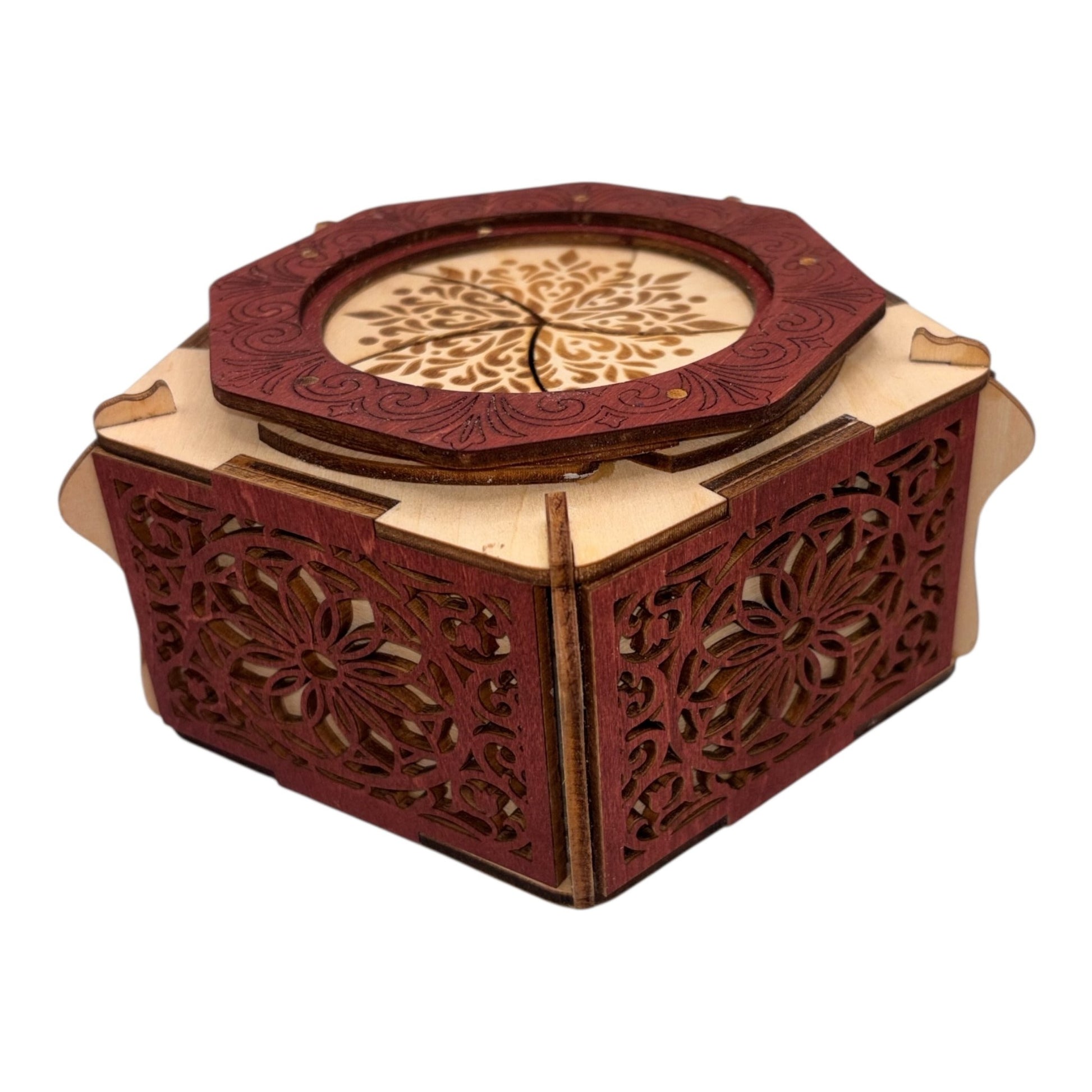 Boite en bois mécanisme avec engrenage par rotation sans casse tete décoration intérieur pour bijoux secrets trésor  fabrication artisanale et francaise en decoupe et gravure laser