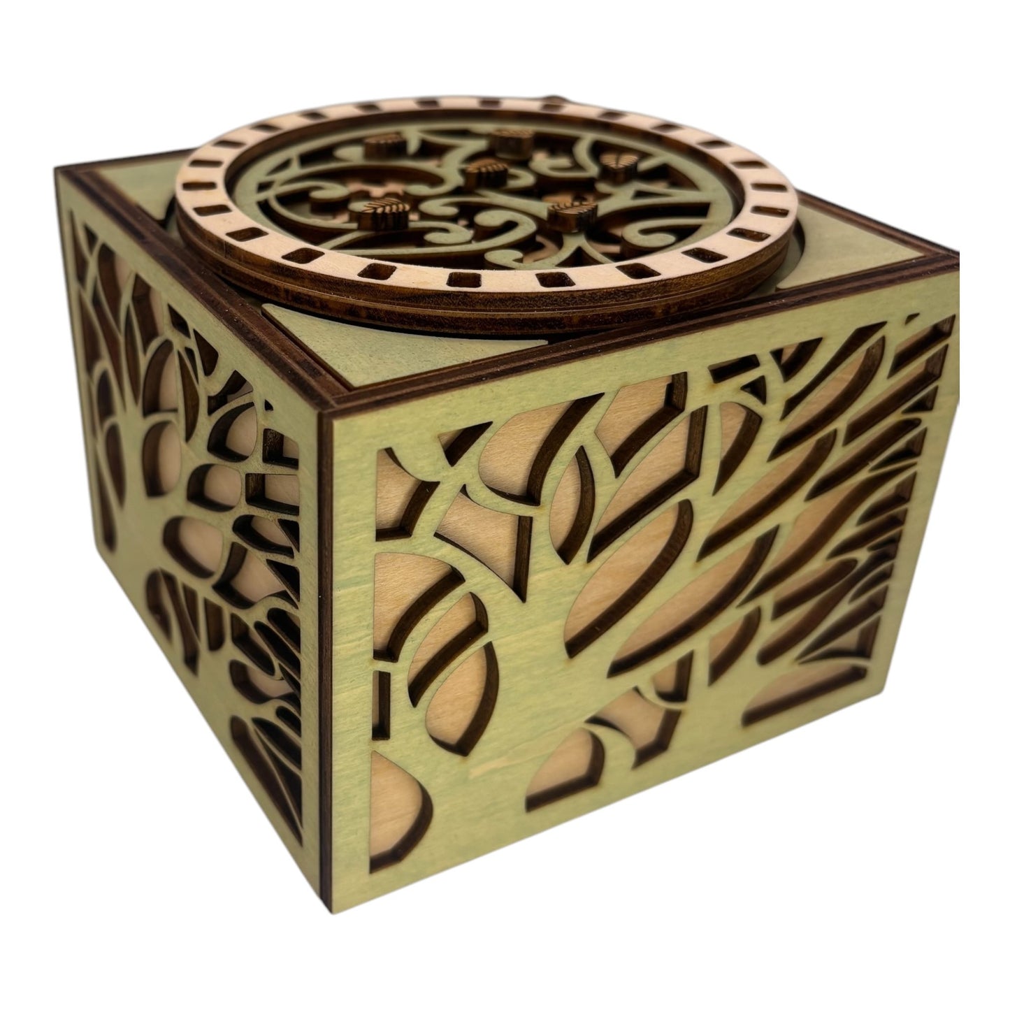 Cube mécanisme engrenage boite en bois sans casse tête pour secrets, trésors bijoux décoration intérieur gravure et découpe laser fabrication francaise et artisanale