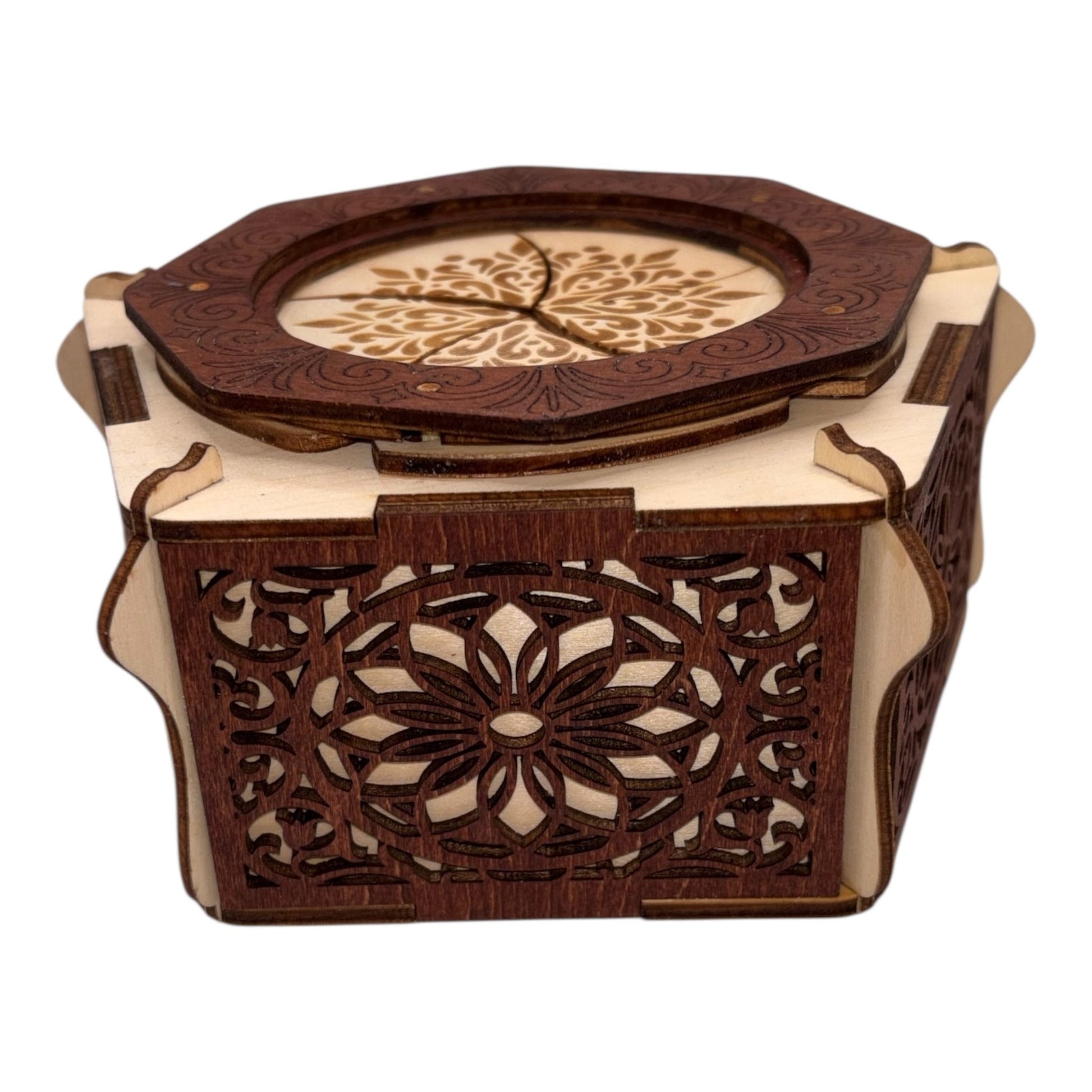 Boite en bois mécanisme avec engrenage par rotation sans casse tete décoration intérieur pour bijoux secrets trésor  fabrication artisanale et francaise en decoupe et gravure laser