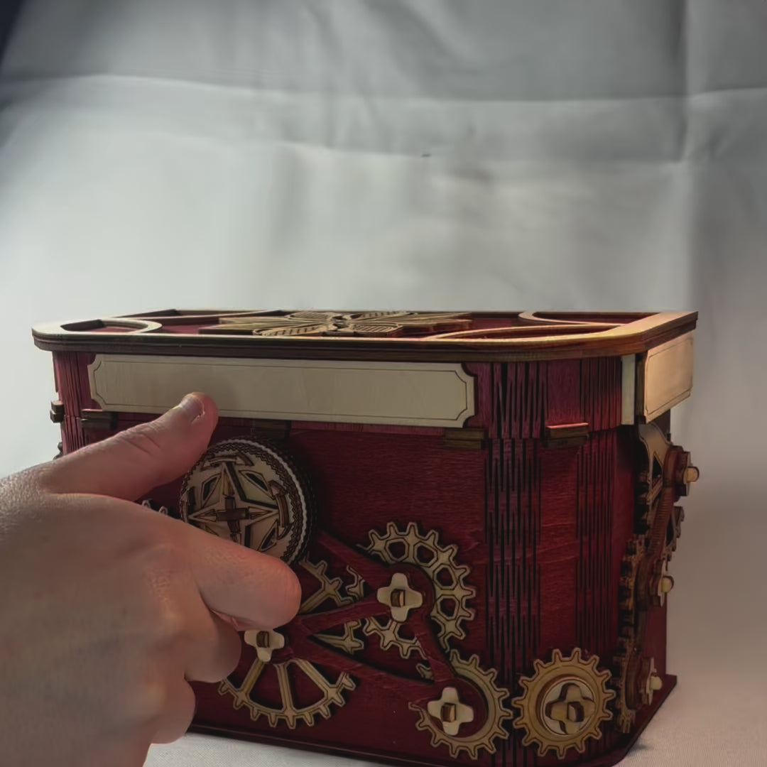 Ouverture coffre à engrenage mécanisme en bois d'une boite à bijoux secret ou trésors , sans casse tete fabrication francaise et artisanale en gravure et decoupe laser pour décoration intérieur