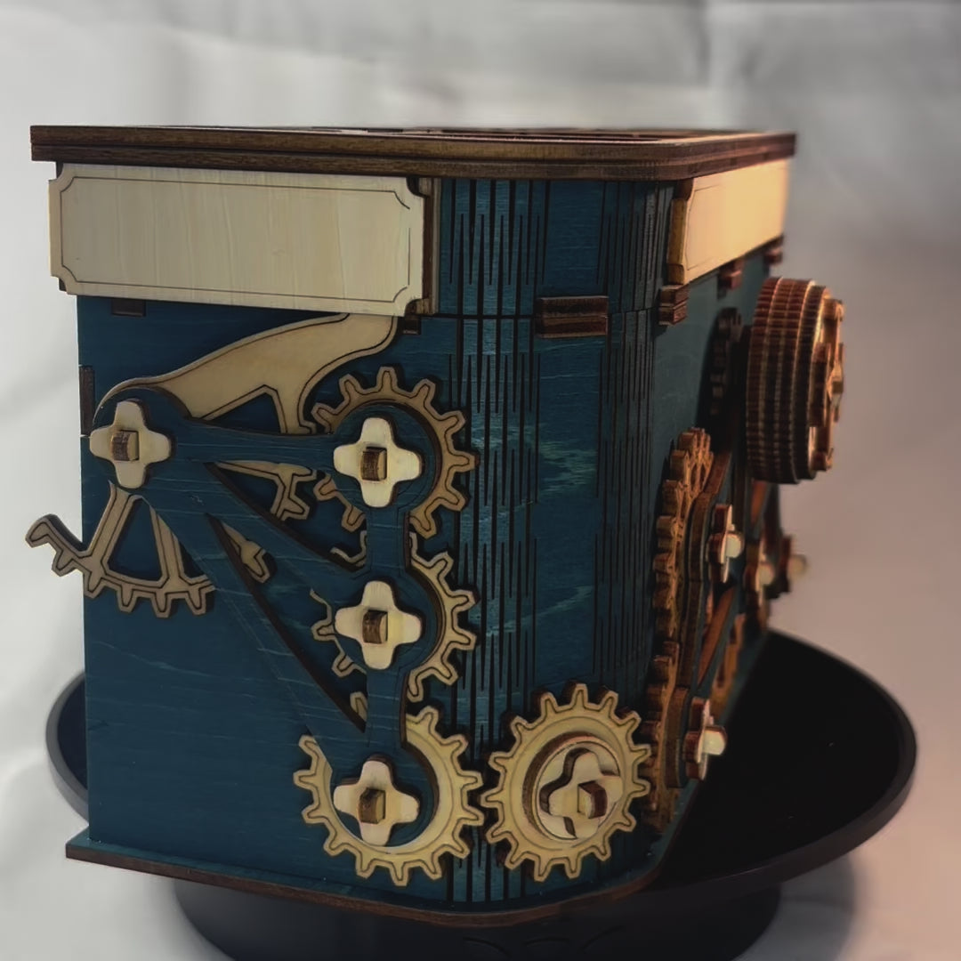 Charger la vidéo : Coffre à engrenages ,boite à mécanisme en bois inpiré de casse tete , décoration d&#39;intérieur en decoupe et gravure laser fabrication francaise et artisanale 